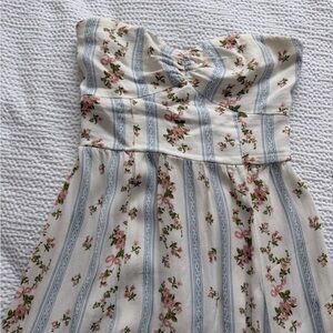 Reformation Floral Stripe Strapless Dress in Cream and Blue